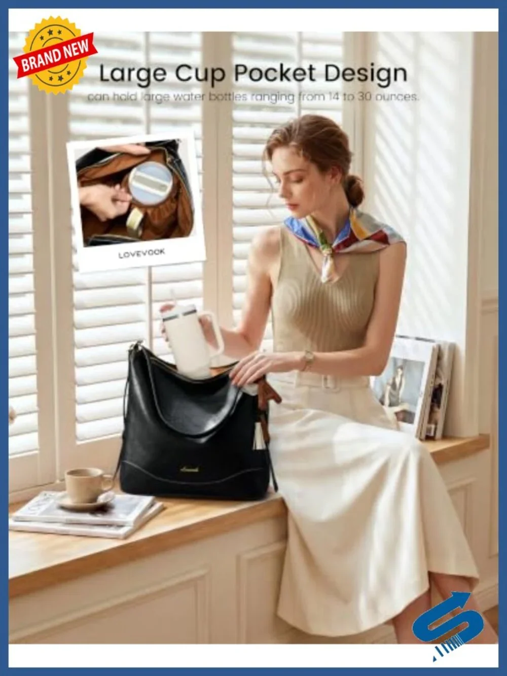 Faux Leather Hobo Handbag with Hidden Cup Holder, Adjustable Crossbody Strap,